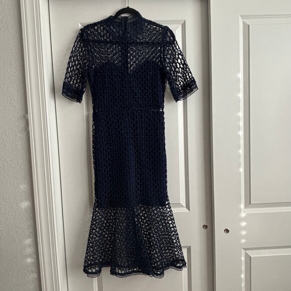 Revolve Bardot Fiona Mesh Dress Navy 6 Cocktail Formal Wedding Guest Trumpet - Picture 2 of 15